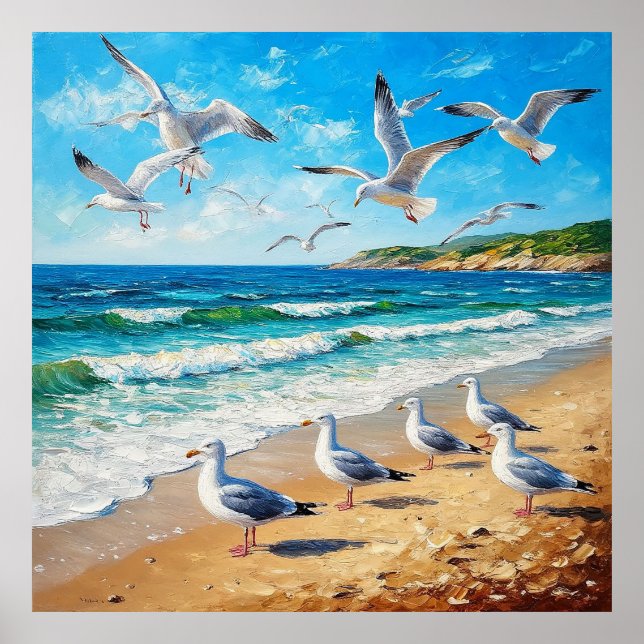 Poster Gaivotas em uma costa com ondas do oceano (Frente)