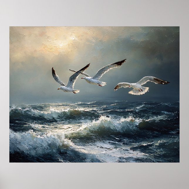 Poster Gaivotas Oceano Tempestuoso Arte Refinada (Frente)