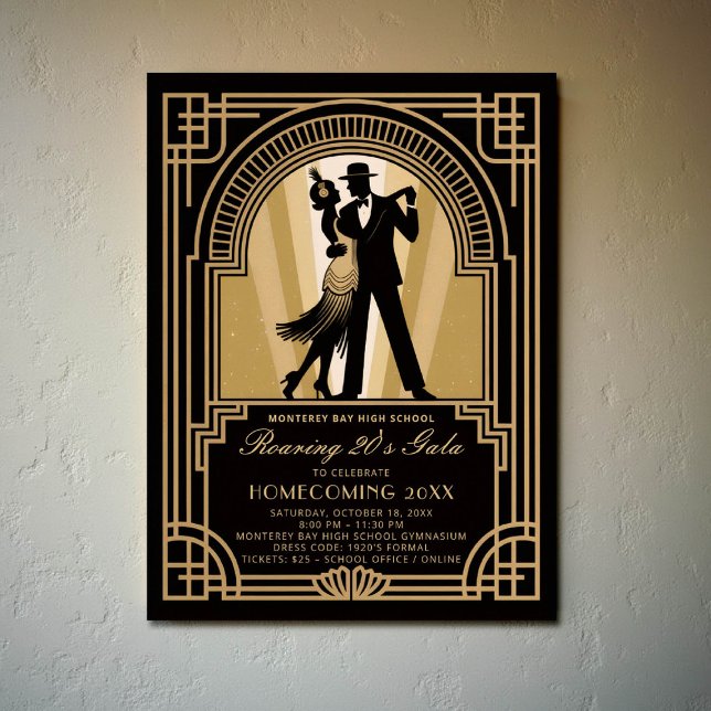 Poster Gala da Escola de Acolhimento do Baile de formatur (homecoming prom school event poster roaring 20s gatsby flapper dancing black gold)