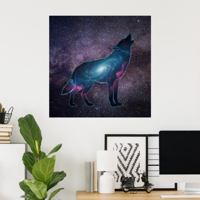 Poster Galactic Howling Wolf Silhouette (Escritório em casa)