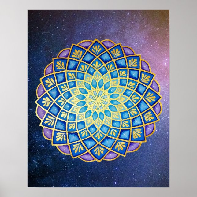 Poster Galáxia de Flor Ouro Roxo Mandala Azul (Frente)