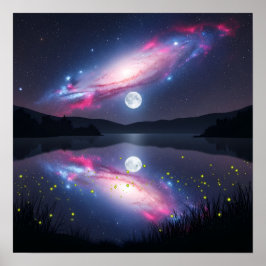Poster Galáxia Sobre o Lago ao Luar com Reflexo Cósmico