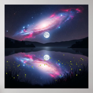 Poster Galáxia Sobre o Lago ao Luar com Reflexo Cósmico