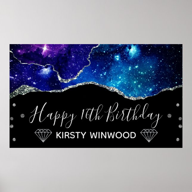 Poster Galaxy & Faux Silver Glitter Agate Sweet 16 (Frente)