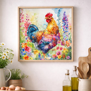 Pôster Galeria Colorida de Galo em Aquarela Floral de Cas