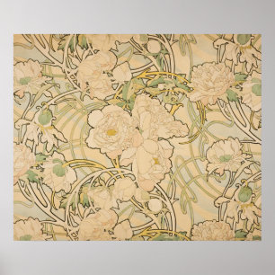 Pôster Galeria Vintage Floral Alphonse Mucha PeoniesHD