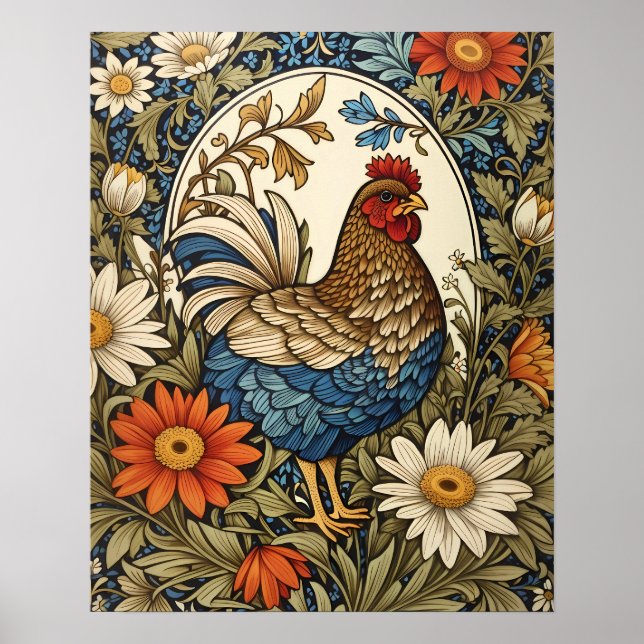 Poster Galinha de Fazenda Antiga e Flores de Margarida (Frente)