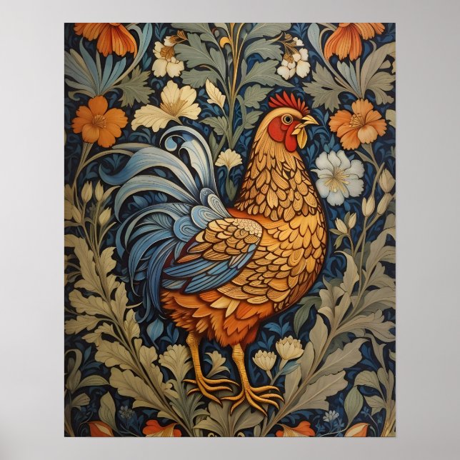 Poster Galinha Elegante William Morris Inspirou Floral (Frente)