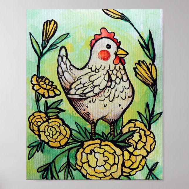 Poster Galinhas com Ilustração de Galinha e Flor (Frente)