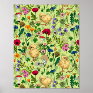 Poster Galinhas e flores silvestres em verde-orvalho