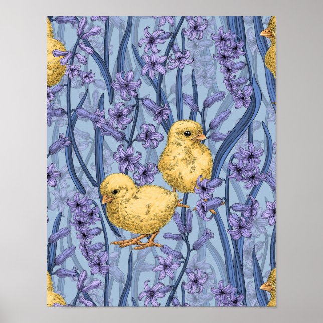 Poster Galinhas e jacintos em azul-céu (Frente)