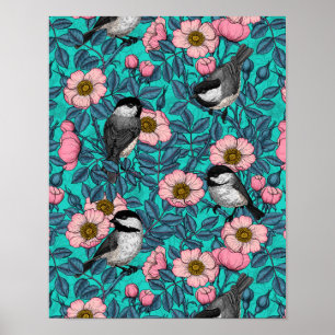 Poster Galinhas em rosa selvagem, rosa e azul