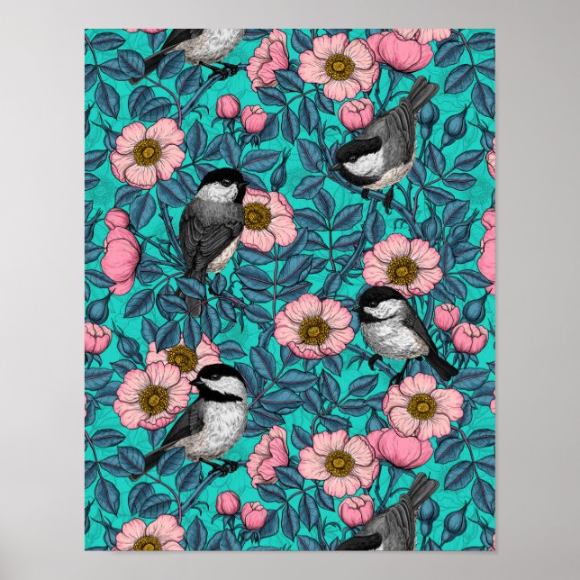 Poster Galinhas em rosa selvagem, rosa e azul (Frente)