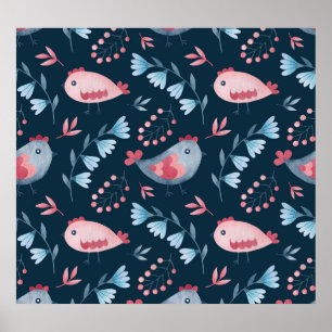 Poster Galinhas Folk: Padrão Sem Costura De Aquarela.