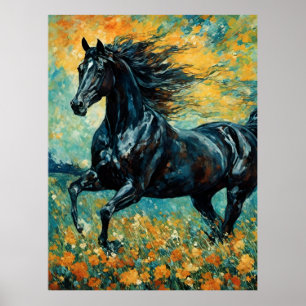 Poster Galloping Black Stallion