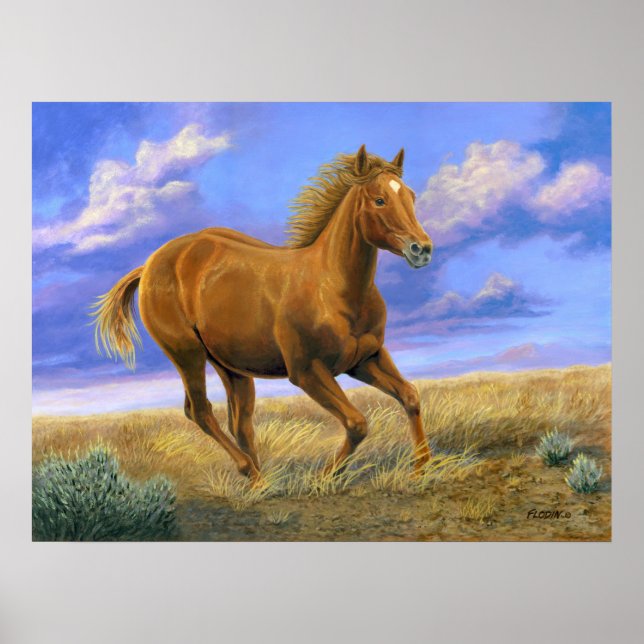 Pôster Galloping Quarter Horse Painting - (Frente)