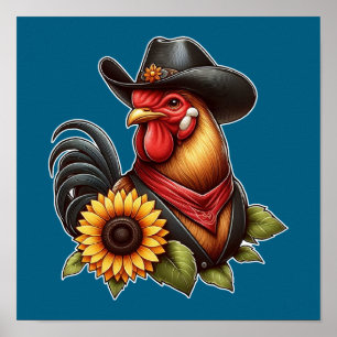 Poster Galo Colorido em Chapéu de Cowboy com Girassol