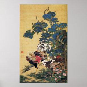 Poster Galo e galinha com Hydrangeas