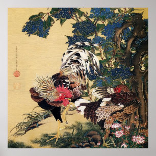 Poster Galo Galinha e Hortênsia por Ito Jakuchu