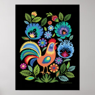 Poster Galo Rooster & Flores, Estilo Folclórico Polonês
