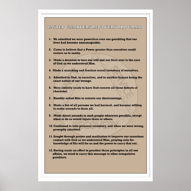Pôster Gamblers de 12 passos Recuperação do Vício (Frente)