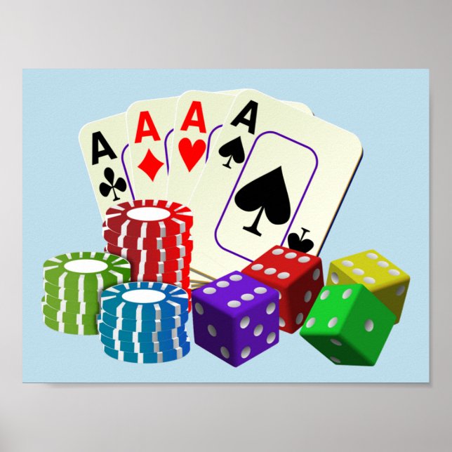 Poster Gambling Casino Dice, Poker chips, jogar Cartões (Frente)