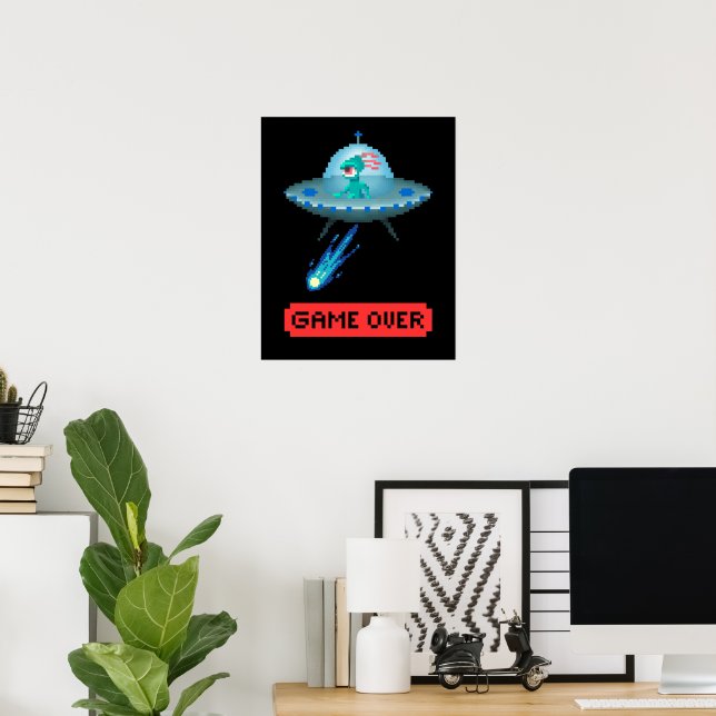 Poster 'Game Over' Alien Voando UFO Espaçonave, Pixel Art (Escritório em casa)