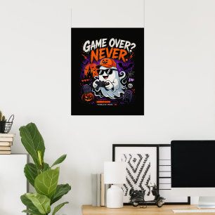 Poster Game Over Nunca Divertido Fantasma de Halloween do