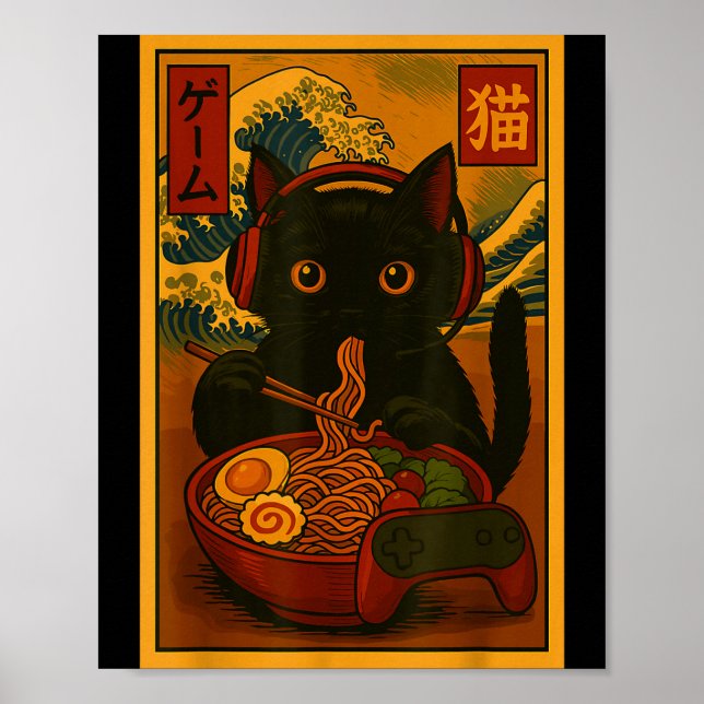 Poster Gamer Cat Eating Ramen Japanese Style  (Frente)