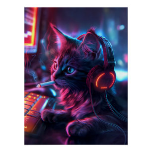 Pôster Gamer Cat legal Fumando Engraçado