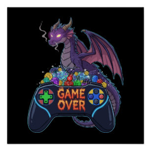 Pôster Gamer Dragão Protegendo Dados de RPG no "Game Over