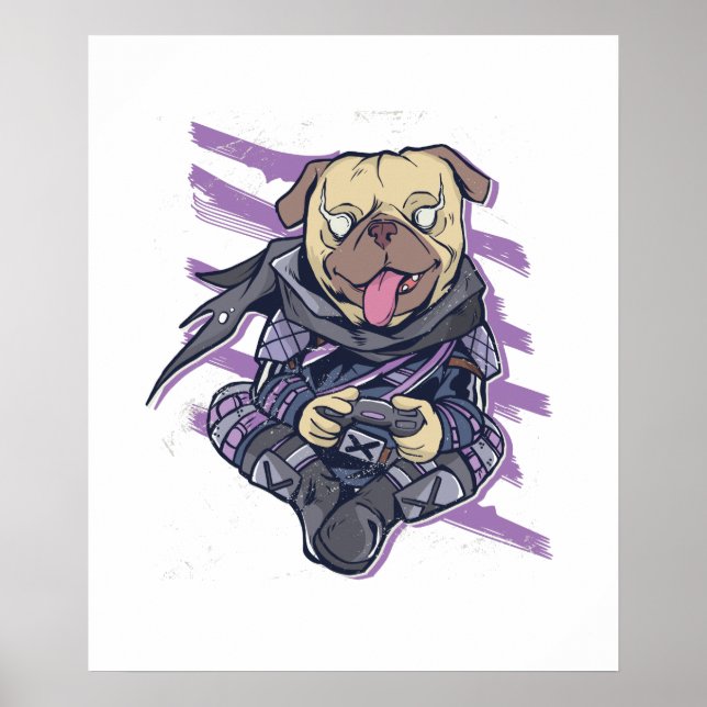 Poster Gamer Pug Ninja Neon Look Gráficos Teens Oferece L (Frente)