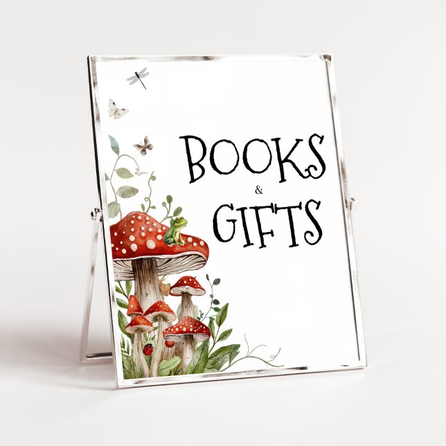 Poster Ganchos e presentes do Cogumelo do Whimsical Fungi (Whimsical Mushroom Baby Shower Books and Gifts Sign)