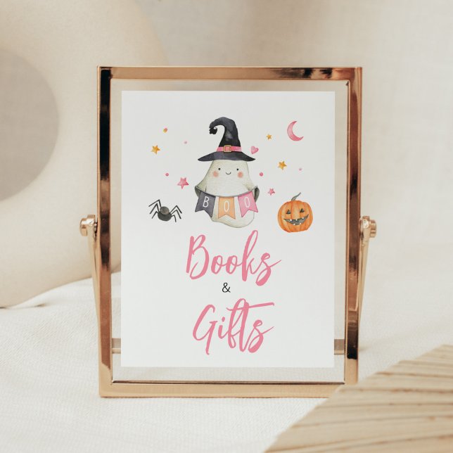 Poster Ganchos e presentes do "Halloween Fantasma" Rosa (Little Boo Baby Shower Books and Gifts Sign)