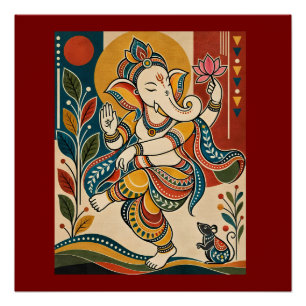 Pôster Ganesha Dançante Colorido - Madh Tribal Folk India