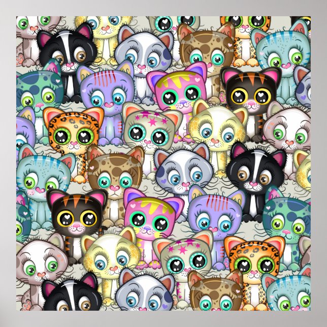 Poster Gangue Adorável de Gato de Cartoon e Kitten (Frente)