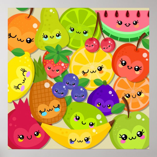 Poster Gangue de Fruta Feliz de Verão de Kawaii (Frente)