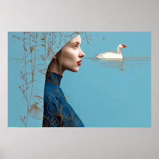 Poster Ganso de neve e mulher, arte de linha minimalista