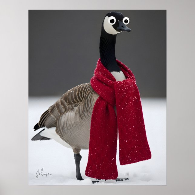 Poster Ganso Engraçado com Cachecol Vermelho de Inverno P (Frente)