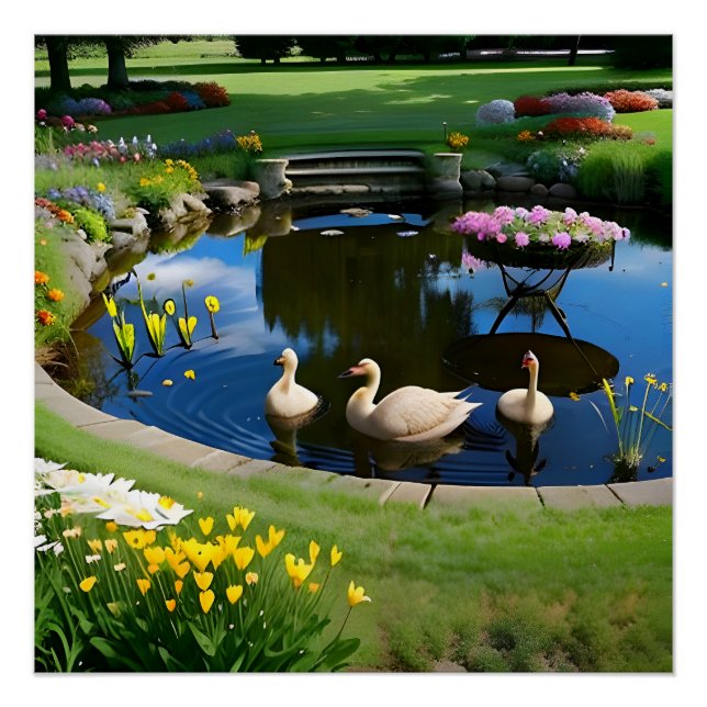 Pôster Gansos no Lago com Flores e Grama (Frente)