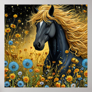Poster Garanhão Preto Majestoso Entre Vibrantes Flores Si