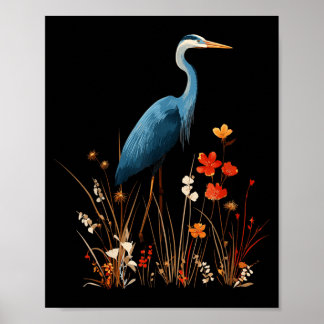 Poster Garça Azul Floral Flor Silvestre Observação de Pás