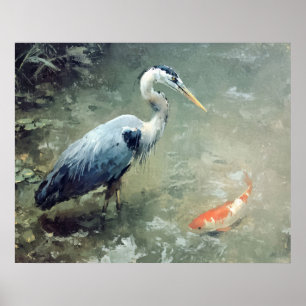 Poster Garça e vibrantes peixes Koi
