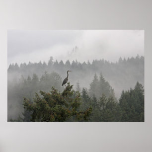 Pôster Garça-real em uma paisagem da montanha enevoada