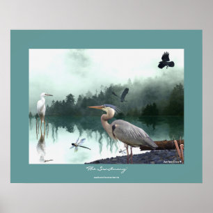 Poster Garças-reais, Egret, corvos, libélulas, arte da