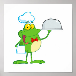Pôster garçom chef engraçado sapo de sapo servindo comida