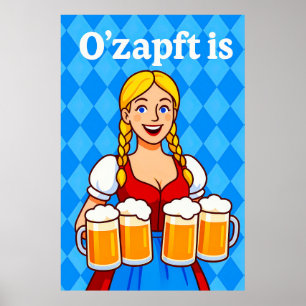 Poster Garçonete Bávara com Canecas de Cerveja Cartoon