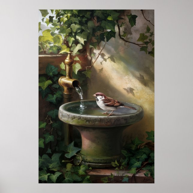 Poster Garden Oasis: The Sparrow at the Fountain (Frente)