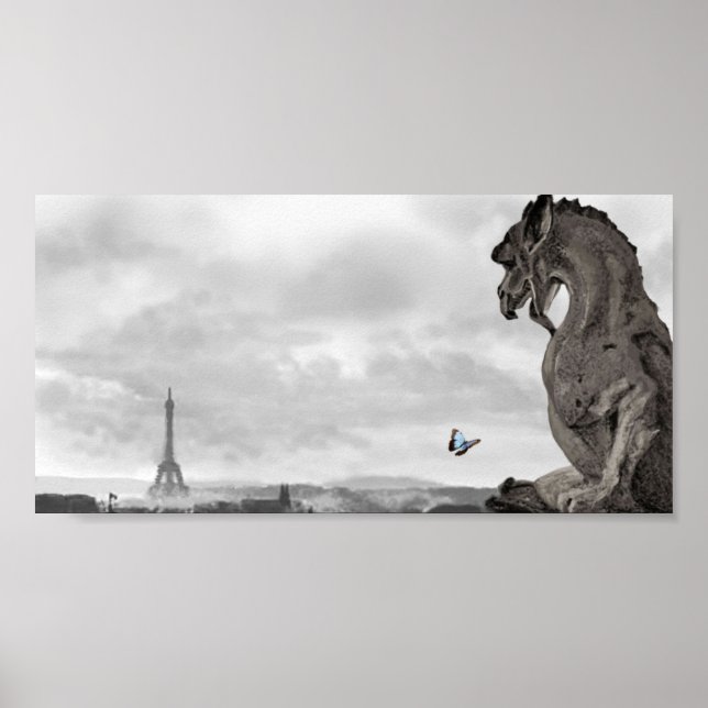 Poster Gargoyle parisiense com borboleta azul, (Frente)