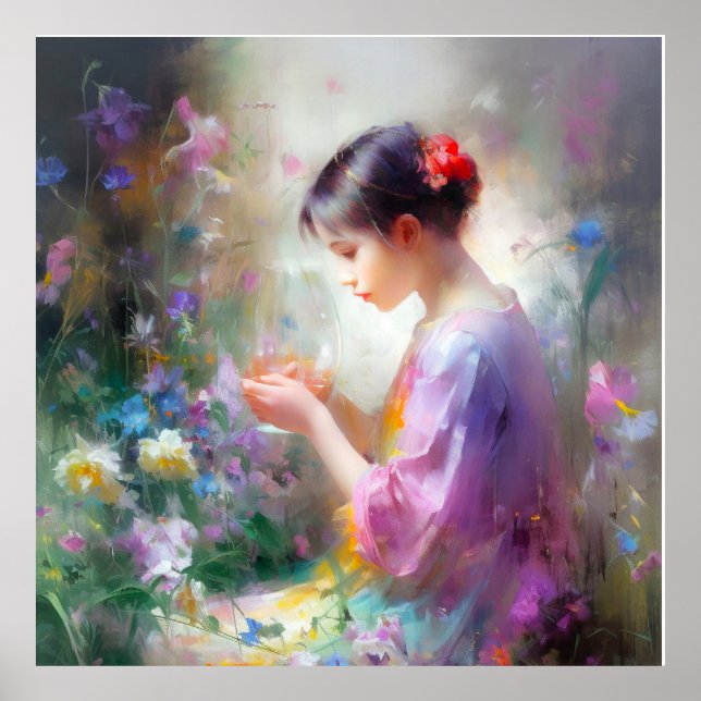 Poster Garota admirando uma flor em suas mãos (Frente)